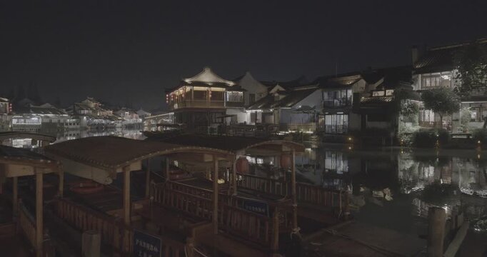 Elegant Traditional Architecture Lit Up by Festive Lights at Night. Zhujiajiao, Shanghai, China