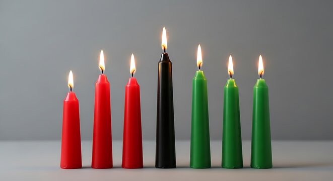 Kwanzaa Candles Lit in Red Green and Black Representing Unity and Culture.