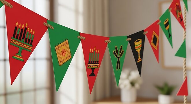 Kwanzaa Celebration Decorative Bunting Flags with Traditional Symbols.