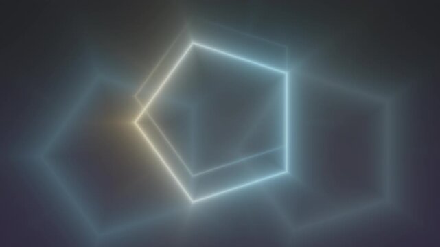 Neon shapes interconnect, glowing lines pulse, pentagons and rings shimmer