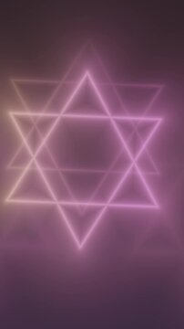 Neon hexagram rotates, star shape glows, gradient purple background