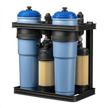 Modern water filtration system with multiple blue filter housings and cartridges on a black stand