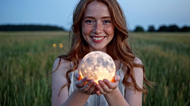 A smiling woman with red hair and freckles holds a glowing orb, set in a field