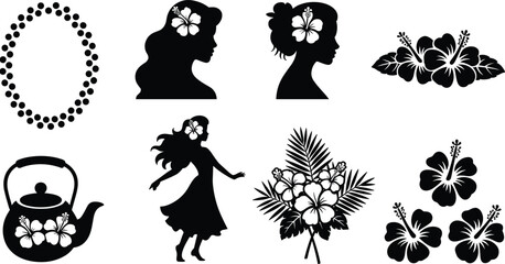 Hawaiian hula dancer silhouette set, tropical hibiscus flowers and palm leaves, woman profile with floral hair accessory, aloha summer graphics. © Sree