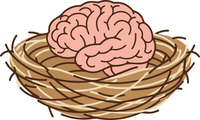 Human Brain Resting in Bird Nest Nurturing Mind and Mental Health Concept