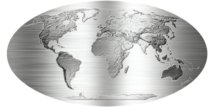 A metallic, oval-shaped world map with topographical details rendered in shades of gray