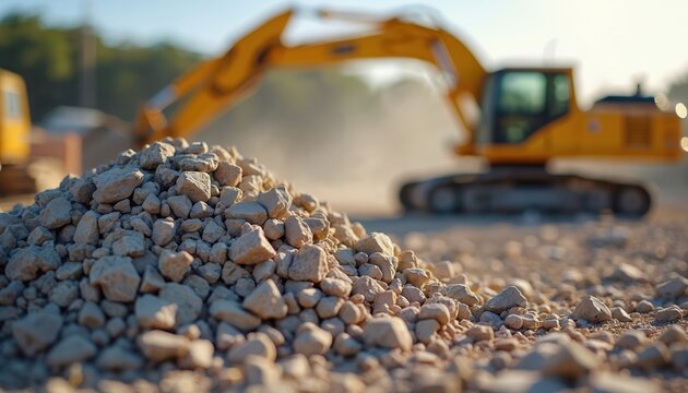 Pile of rough gravel sits in sharp focus on a bright sunny day. A yellow excavator or heavy digger machine is blurred in the background on an outdoor construction site.