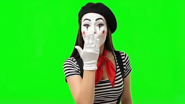 Mime Face Excited Expression, Happy Pantomime Woman Raising Hands with White Makeup and Red Scarf, Isolated on Green Screen Studio Background