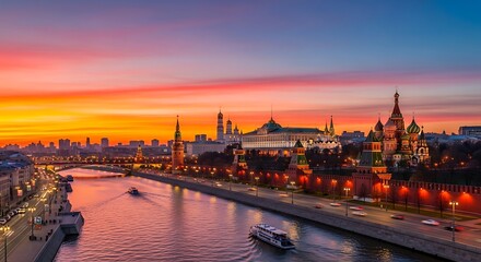 Fototapeta premium Moscow Cityscape at Sunset with River and Kremlin Views.