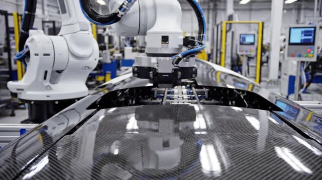 Robot arm precisely works on a carbon fiber surface in a manufacturing facility