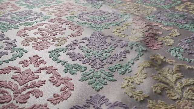 Pastel damask patterned wallpaper with soft shimmer and multicolor embossed texture