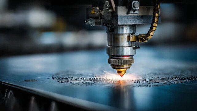 Precision Laser Cutting Process: A Close-Up View of a High-Tech Laser Engraving Machine Producing Intricate Designs on Metal Surfaces