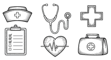 A collection of hand-drawn medical icons including a nurse's cap, stethoscope, medical cross, clipboard, heart monitor, and first aid kit. © renender