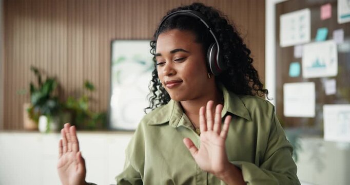 Headphones, happy and businesswoman dancing in office with music, radio or playlist on break. Smile, professional and female creative editor listening to album with audio tech for groove in workplace