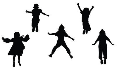 Obraz premium Set of jumping children silhouettes collection on white background five kids figures in motion active childhood play concept black shadow shapes jumping high in air playful mood