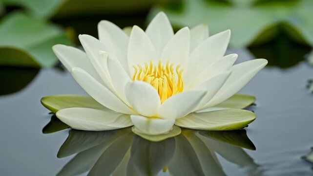 Close-up of a pristine, white aquatic flower with a golden center, floating on serene water