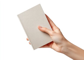 Obraz premium A person's hand, holding a beige hardcover book against a white backdrop
