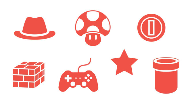 A collection of red icons representing elements from classic video games, including a mushroom, coin, brick block, and controller.