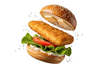 Delicious Fish Sandwich with Lettuce and Tomato Levitating.