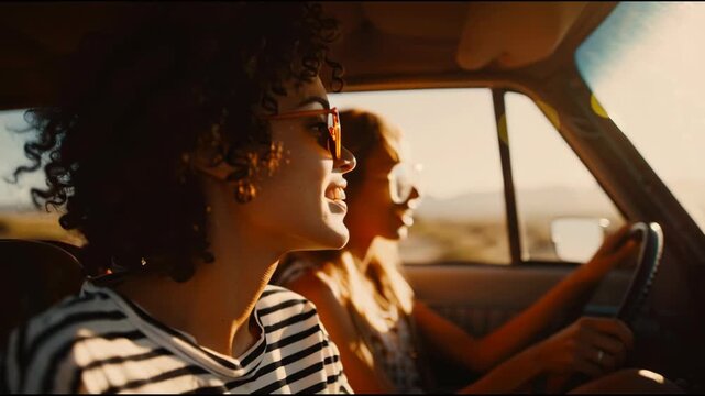 Two women enjoying a scenic drive through the countryside on a sunny day from the backseat viewpoint