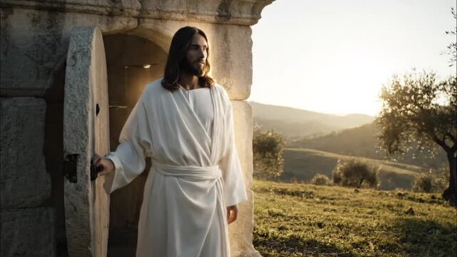 Jesus Christ serene resurrection morning leaving tomb, Ancient stone structure with a circular door in a rural landscape. Olive trees and hills are visible in the background during sunset.
