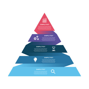 5 Level Pyramid Business Infographic with Color Coded Segments and Icons for Corporate Strategy, Workflow Planning, Marketing, Innovation, and Data Visualization