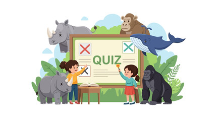 Obraz premium Illustration of children learning about endangered animals in a wildlife education setting with a quiz board and various animals.