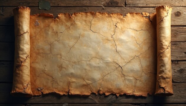 Unrolled ancient scroll with cracked aged paper rests on dark rustic wood planks. Parchment displays textured surface, frayed edges, historical document backdrop, story concept.