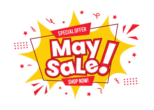 Dynamic May Sale special offer promotion banner with speech bubble, explosion, star, and splash. Yellow and Red May Sale banner in pop art design style. Vector Illustration.