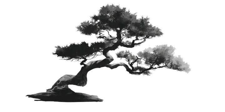 A grayscale, artistic depiction of a bonsai tree against a stark black background