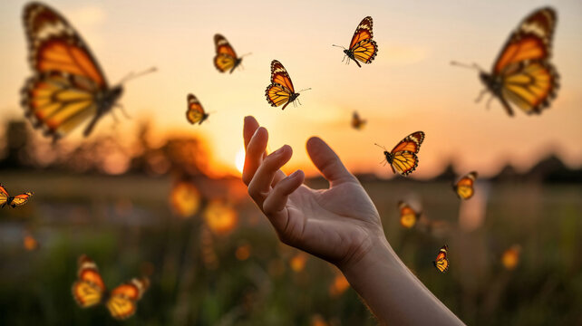 Monarch butterflies flying from a human hand during a sunset in a summer meadow