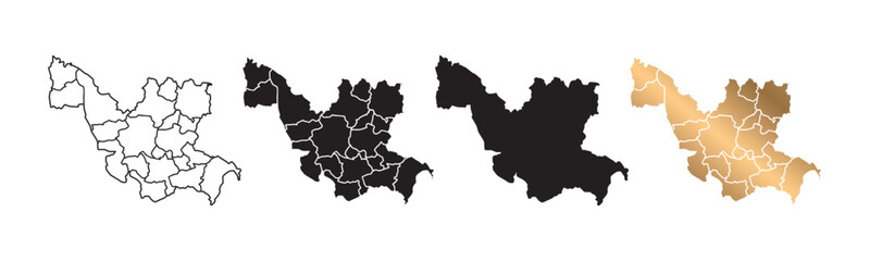 Obraz premium A map of Udon Thani province in Thailand. The map features gold and black outlines against a white background, making it suitable for websites, educational purposes, and tourism.