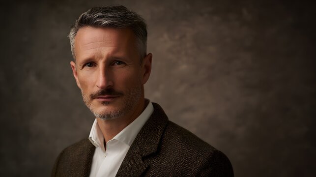 Classic portrait of a distinguished gentleman evoking timeless style and understated confidence against a warm backdrop