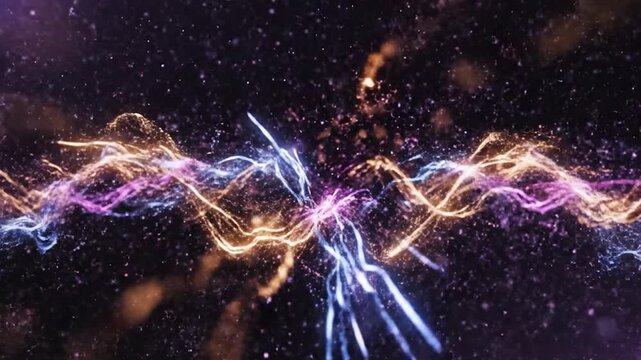 Dynamic abstract light particles converge and explode in a vibrant cosmic