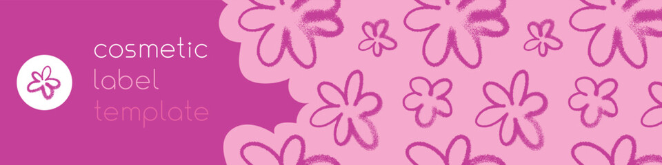 Obraz premium Template cosmetic label design with seamless pink flowers pattern — vector hand drawn spray effect. Floral background for spring banner, feminine design, Womens Day wrapping and branding