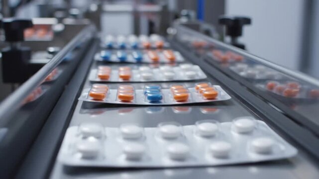 Tablets in blister packs move along automated conveyor belt in pharmaceutical factory production line.