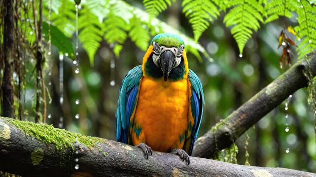 Colorful blue and yellow macaw parrot sitting on a branch in a rainforest with ferns and droplets of rain
