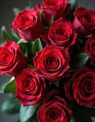Obraz premium Close-up of deep red roses with lush green leaves. Velvet petals unfurl, forming rich blooms. Flowers present beauty, love, and passion. Perfect for romance and special events.