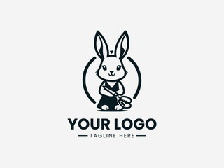Fototapeta premium Black and white logo design featuring a cute rabbit character with a circular background and placeholder text on a clean white background.