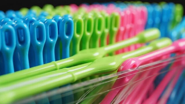 Close up view of blue, green, and pink colorful knitting loom tools in a clear plastic container