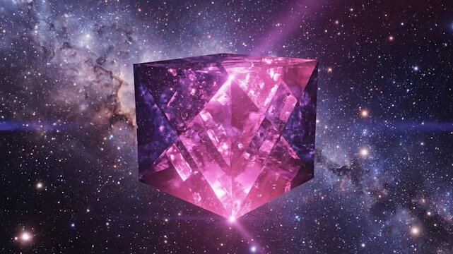 Glowing faceted purple cube floats in the vast expanse of space