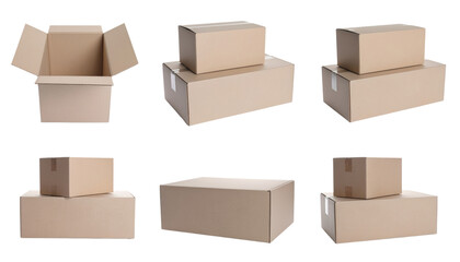 Fototapeta premium Collection of six different cardboard boxes in various arrangements, including an open box, stacked boxes, and single boxes, all isolated, showcasing packaging and delivery concepts. isolated