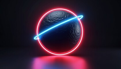 Obraz premium Dark textured sphere with blue ring orbit. Neon red circle frames sphere. Abstract 3D render illustration. Futuristic tech art background. Cosmic design element.