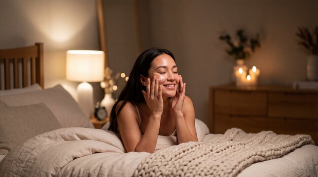 Woman relaxing in bed with hands on face near a bedside lamp