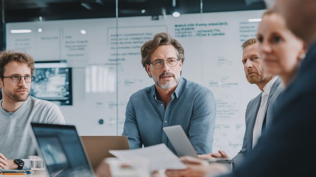 Business professionals collaborating in a corporate meeting room. Professionals discussing AI systems and new product development during a serious business meeting