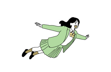 空を飛ぶ女子学生のイラスト　未来への飛躍と自由　手書きベクター素材
