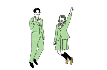 笑顔でジャンプしてガッツポーズをする男女の学生のイラスト　受験合格と青春　手書きベクター素材