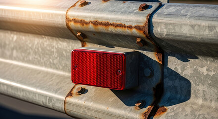 Reflective red light on rusty metal surface of guardrail  