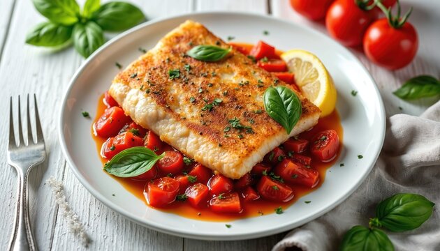 Pan fried red snapper fillet with fresh tomato basil sauce and lemon slice served on white plate. Garnished with basil leaves and parsley. Delicious meal.