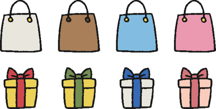 プレゼントボックスとショッピングバッグの手描きイラストセット